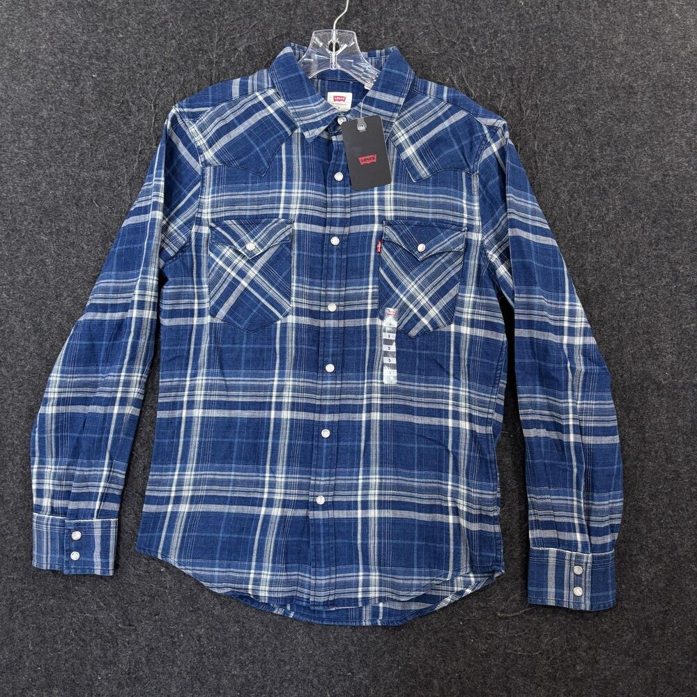 Levis Flannel Shirt Mens Small Blue Plaid Pearl Snap Button Western Standard Fit
